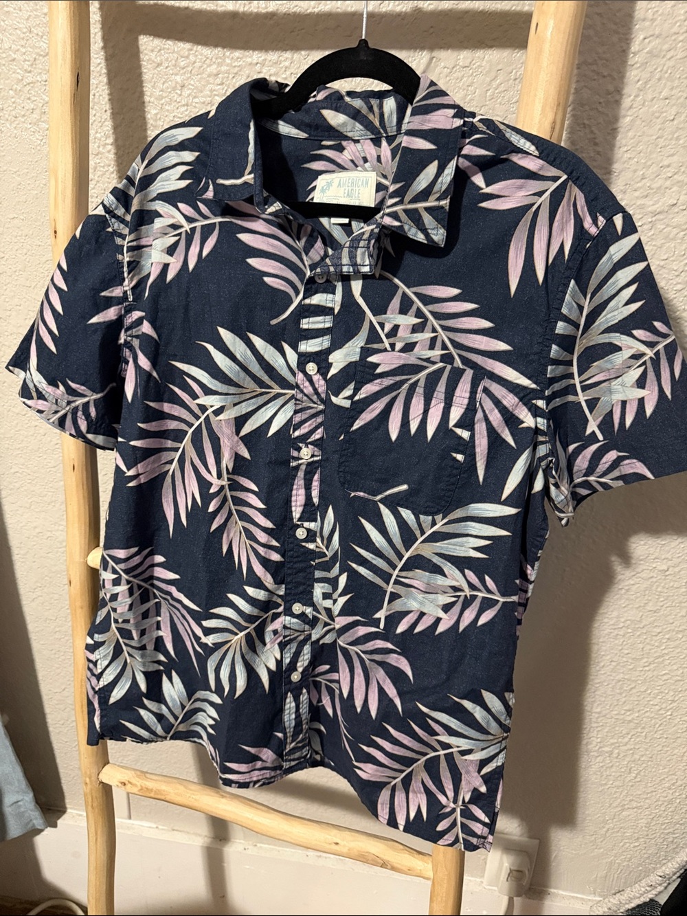 American Eagle Outfitters Navy Button-Up with Pink and Light Blue Leaf Print